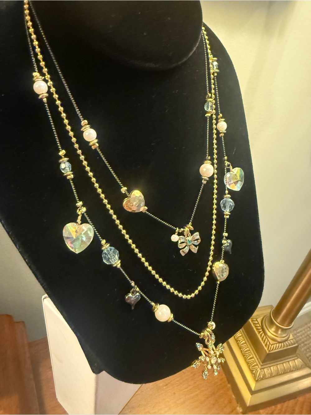 Betsey Johnson Gold Multi-Layer Necklace with Iridescent Hearts & Snowflake - Picture 3 of 8